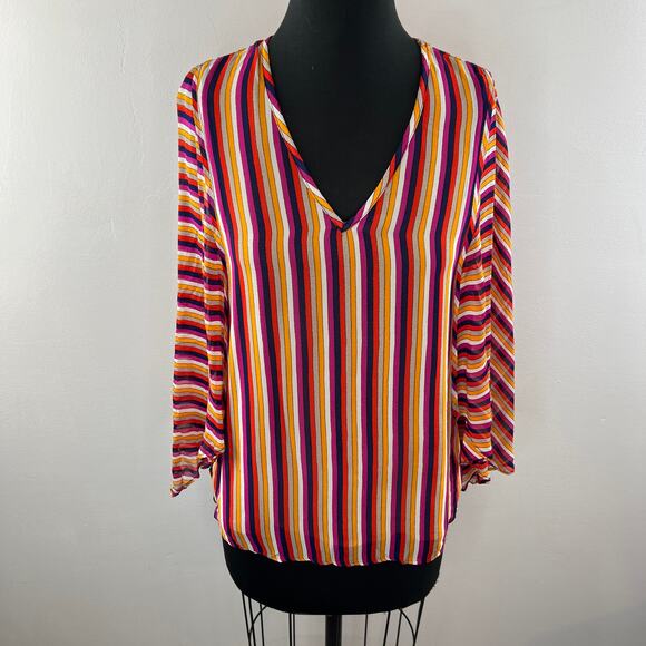 TRINA TURK Los Angeles Blouse Multi Stripe Printed Rayon Rib V-Neck Size S Small - Picture 3 of 9